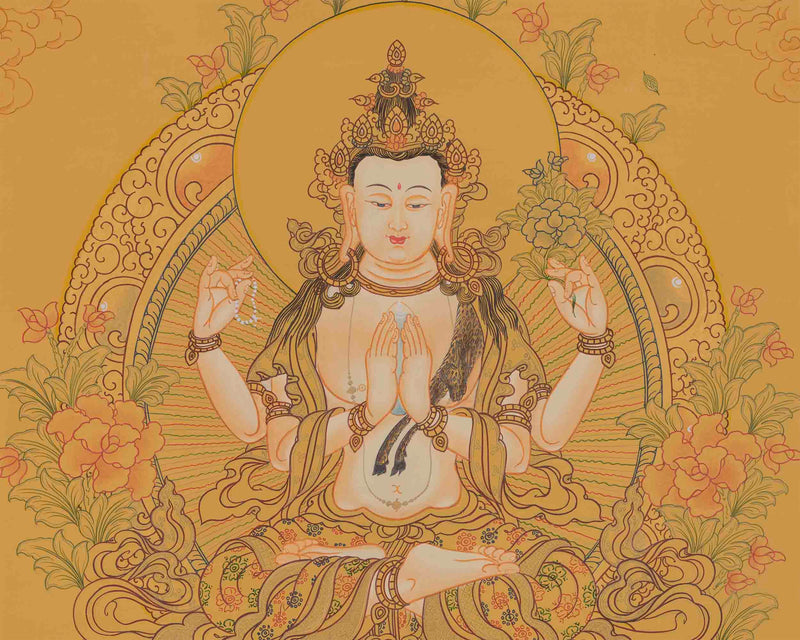 Avalokiteshvara Chengrezig Thangka | Four Armed Chenrezig Painting