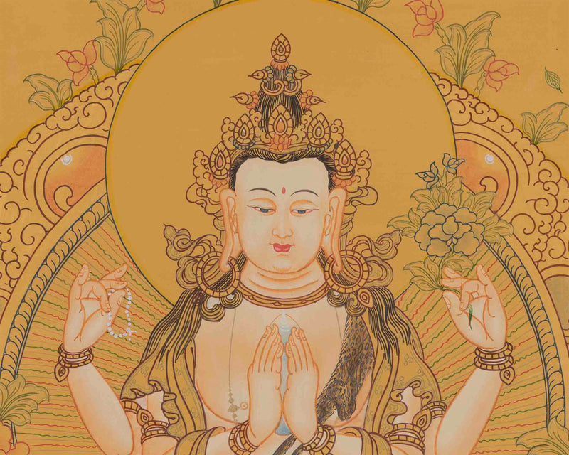 Avalokiteshvara Chengrezig Thangka | Four Armed Chenrezig Painting