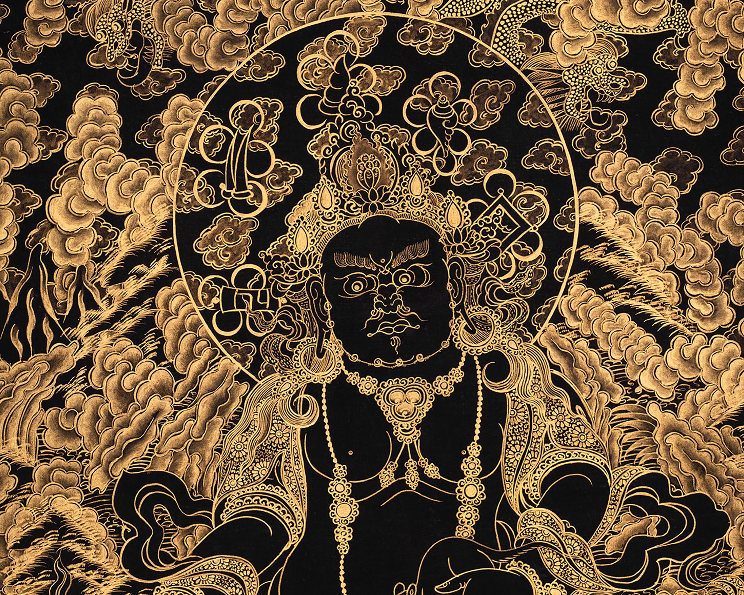 Gold Dzambhala Thangka | Traditional Buddhist Wealth Deity Art