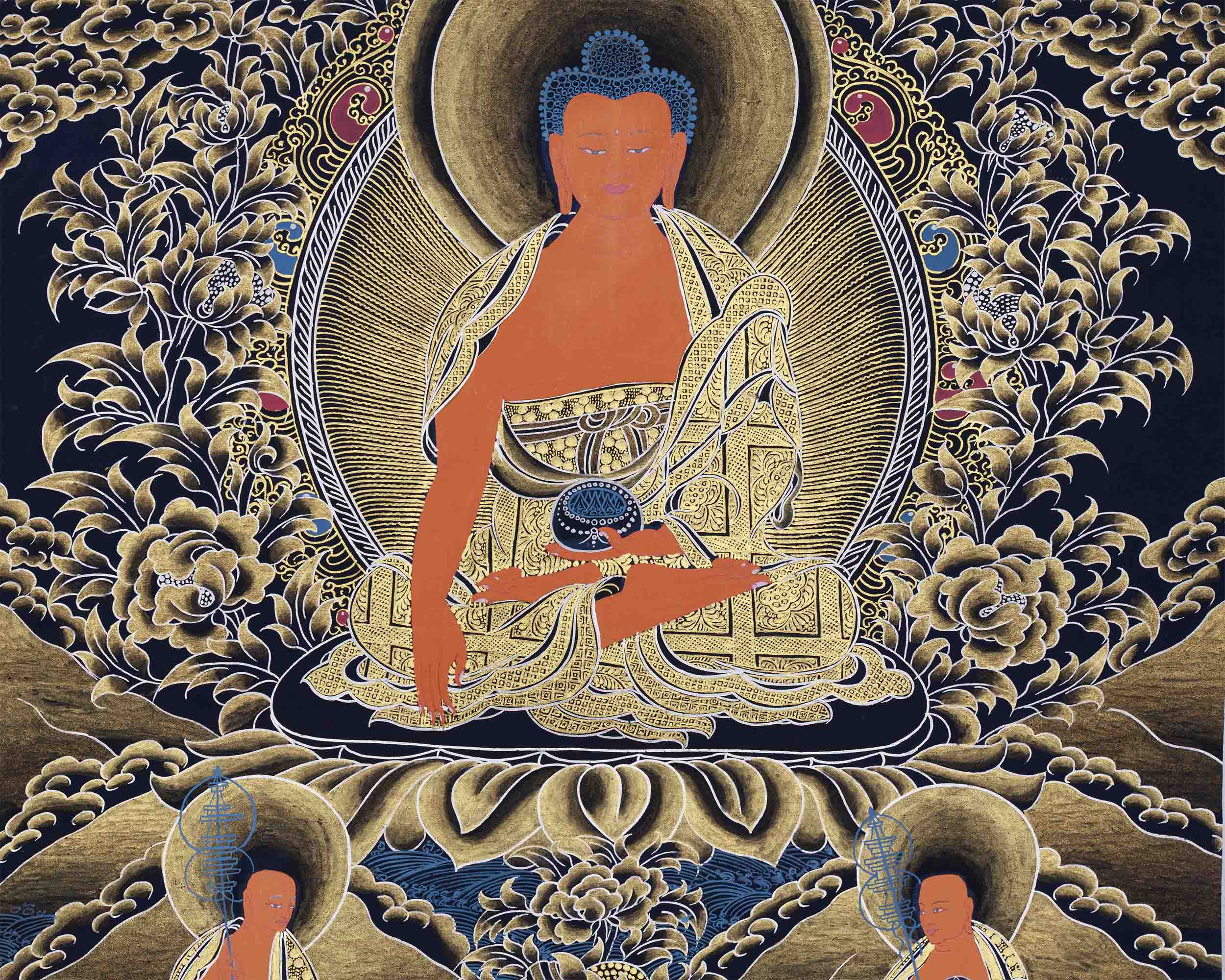 Shakyamuni Buddha With Amitabha and Medicine Buddha | Traditional Thangka Painting