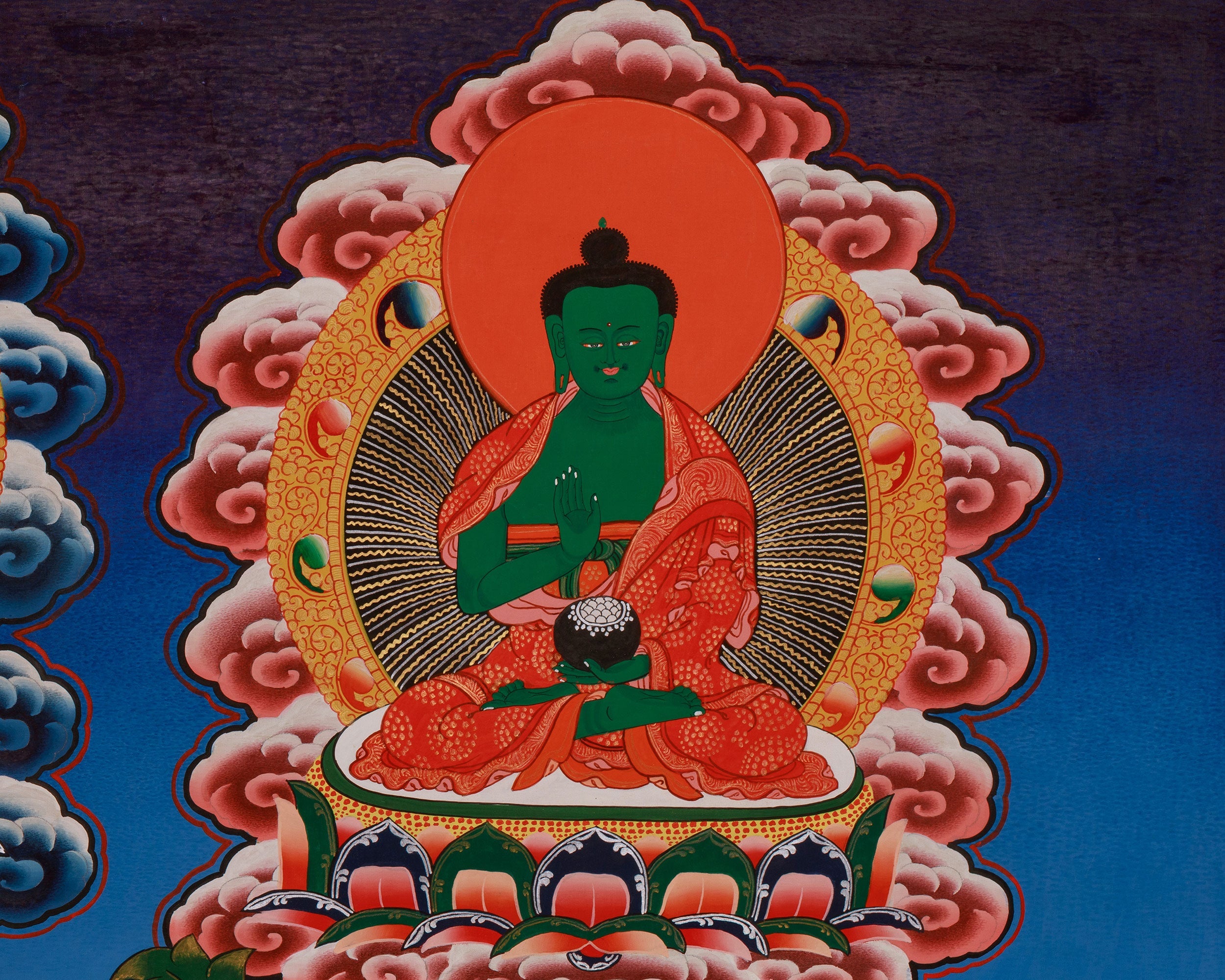 Divine Thangka of Chenrezig | Avalokiteshvara, 5 Dhyani Buddhas, White Tara, Green Tara, Manjushri & Vajrapani