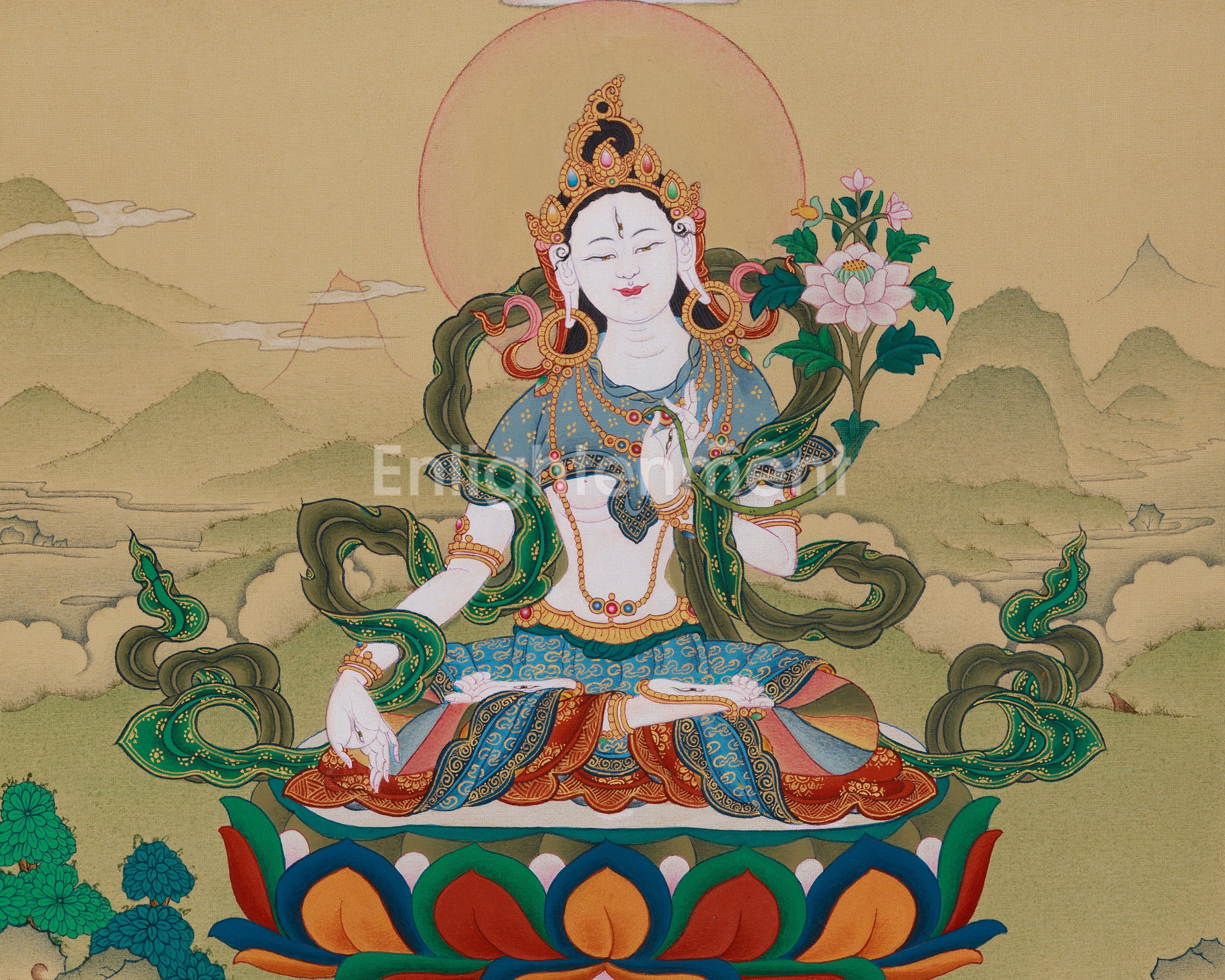 Tibetan White Tara With Amitabha Buddha Thangka | Healing And Longevity Deity