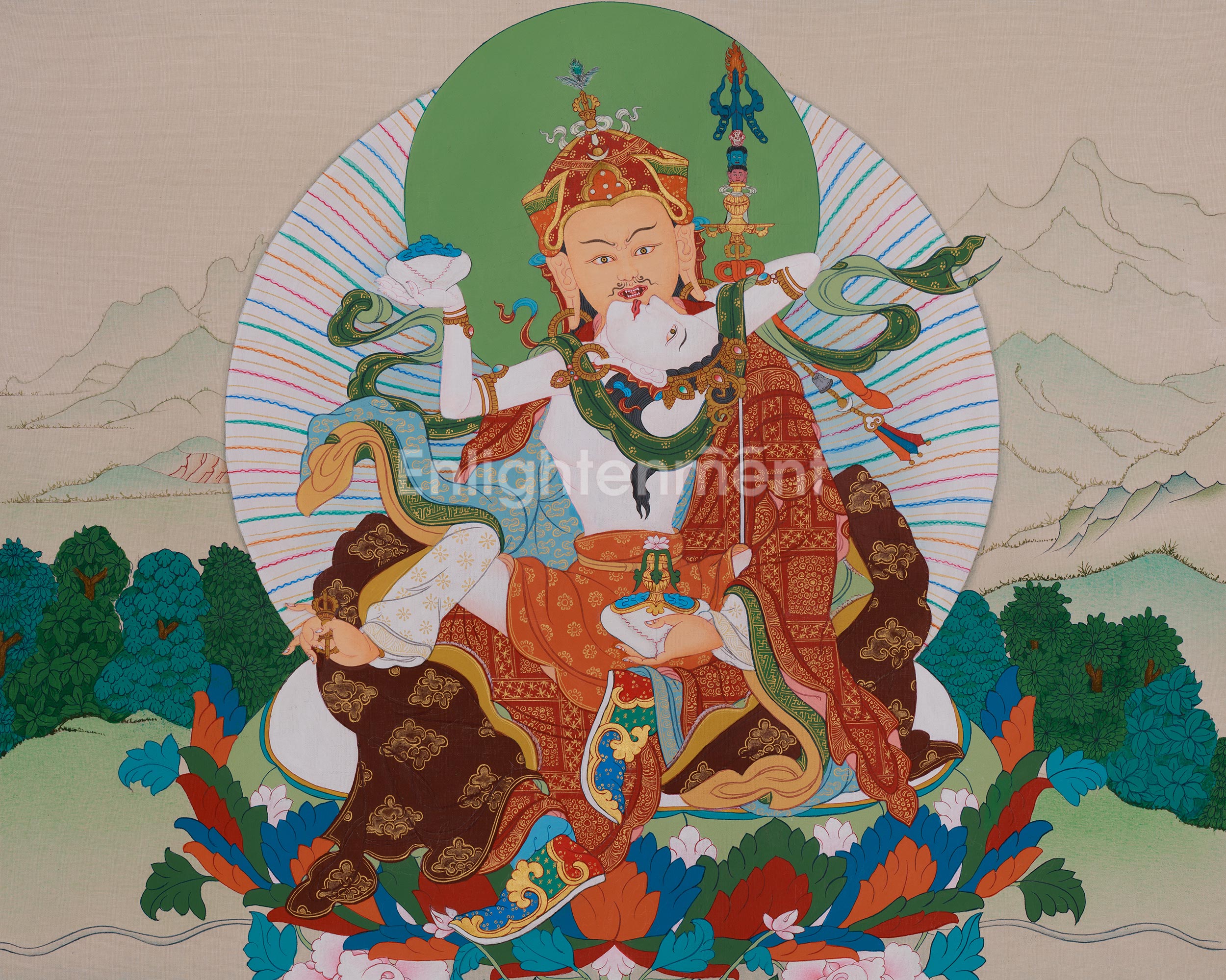 Traditional Guru Rinpoche with Consort Thangka | Representing Wisdom and Transformation