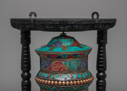 Handmade Tibetan Coral Red Copper Brass Table Top Prayer Wheel