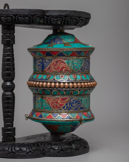 Handmade Tibetan Coral Red Copper Brass Table Top Prayer Wheel