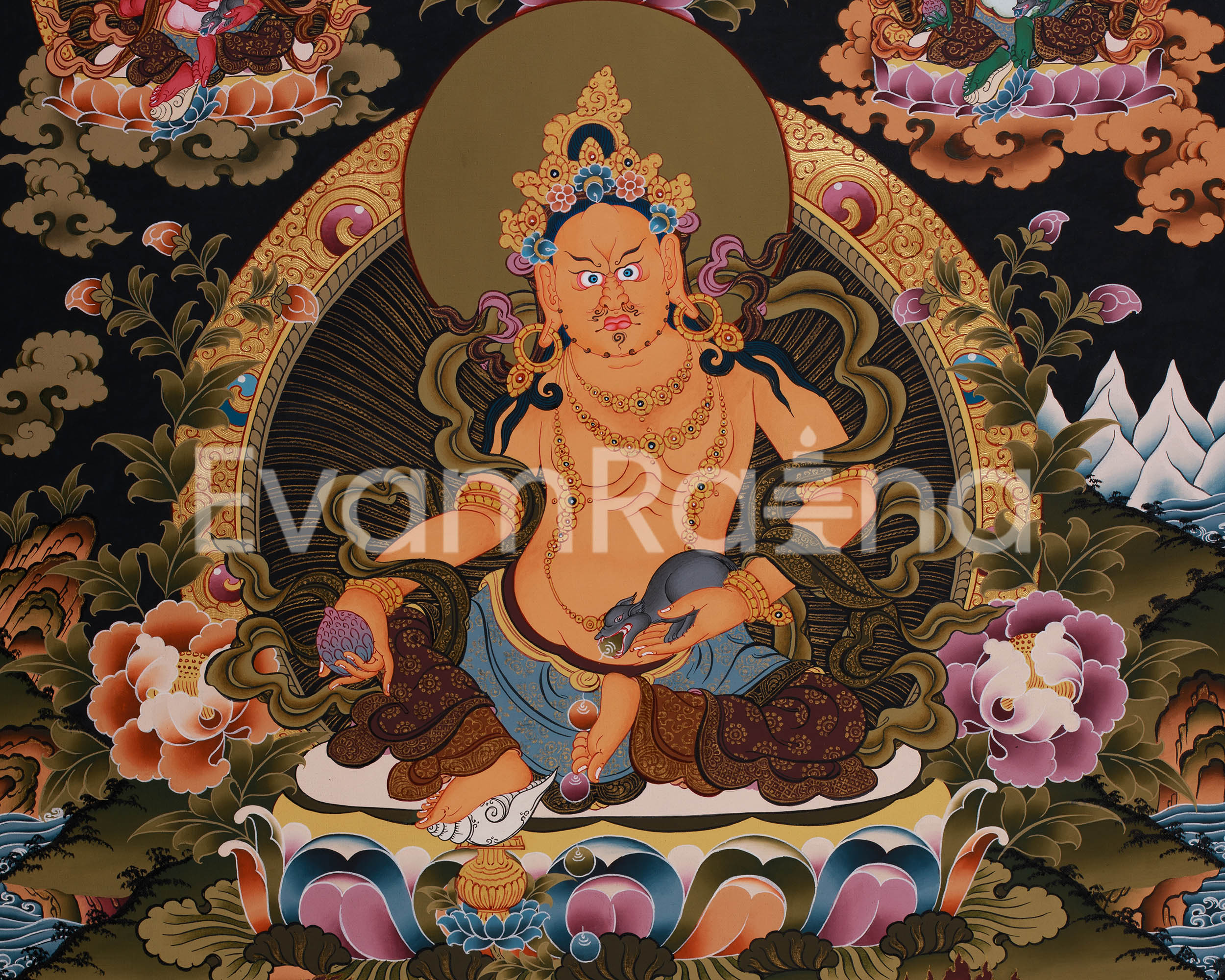 Pancha Dzambhala Thangka | Tibetan Wealth Deities Thangka with 24K Gold