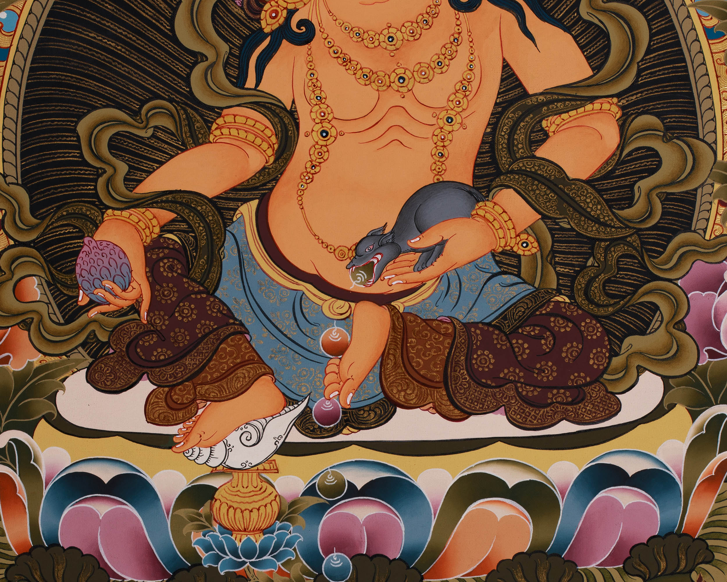 Pancha Dzambhala Thangka | Tibetan Wealth Deities Thangka with 24K Gold