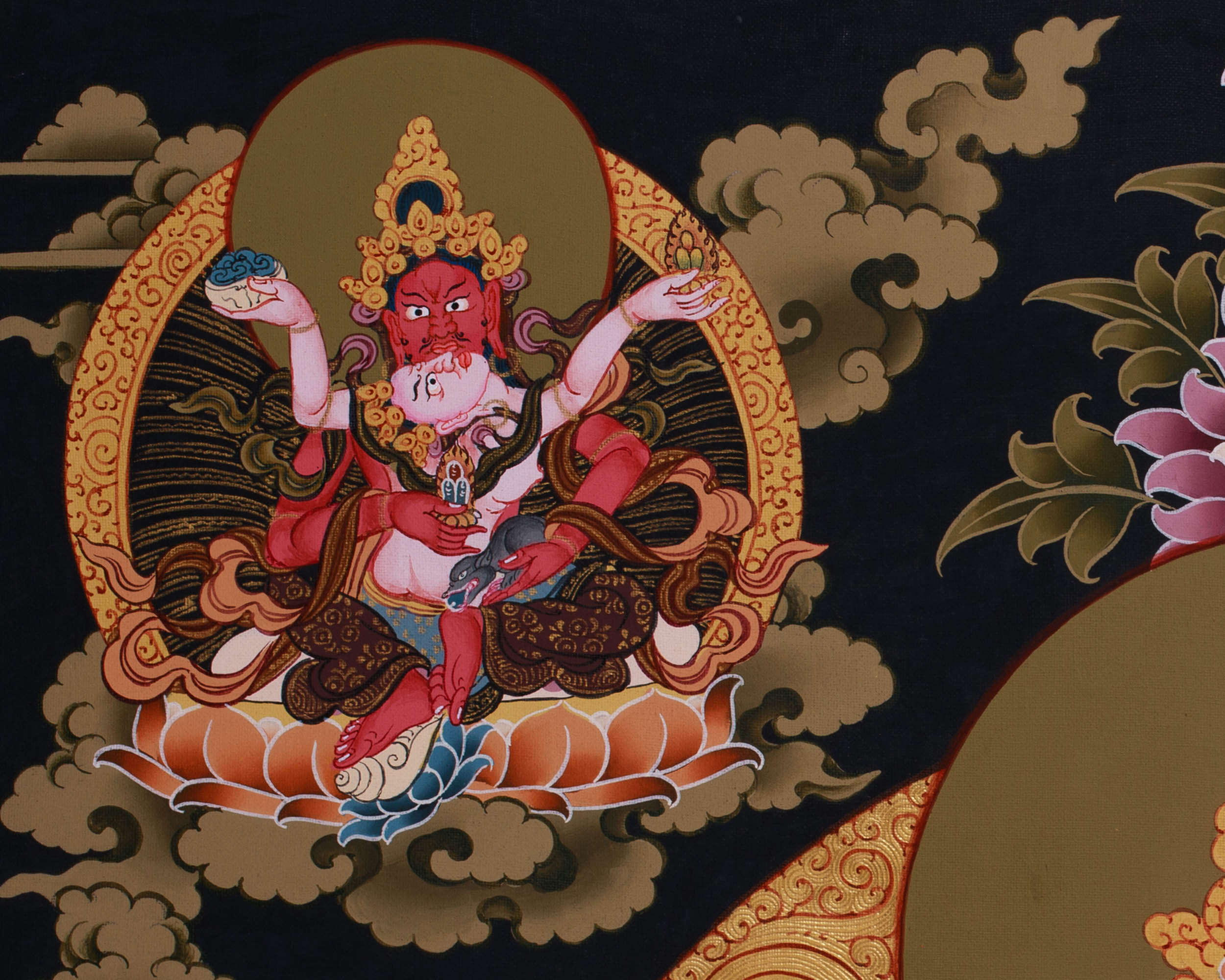 Pancha Dzambhala Thangka | Tibetan Wealth Deities Thangka with 24K Gold