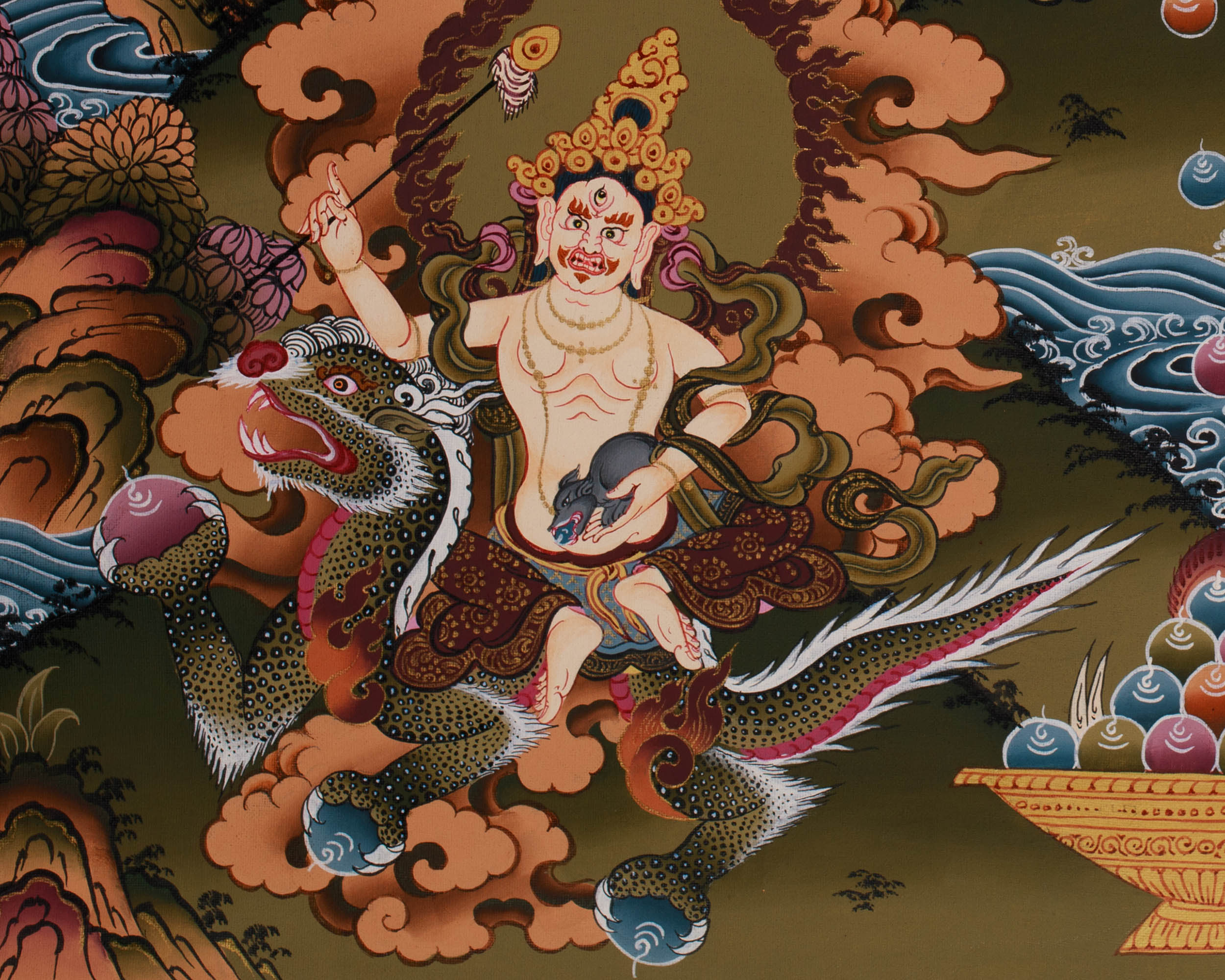 Pancha Dzambhala Thangka | Tibetan Wealth Deities Thangka with 24K Gold
