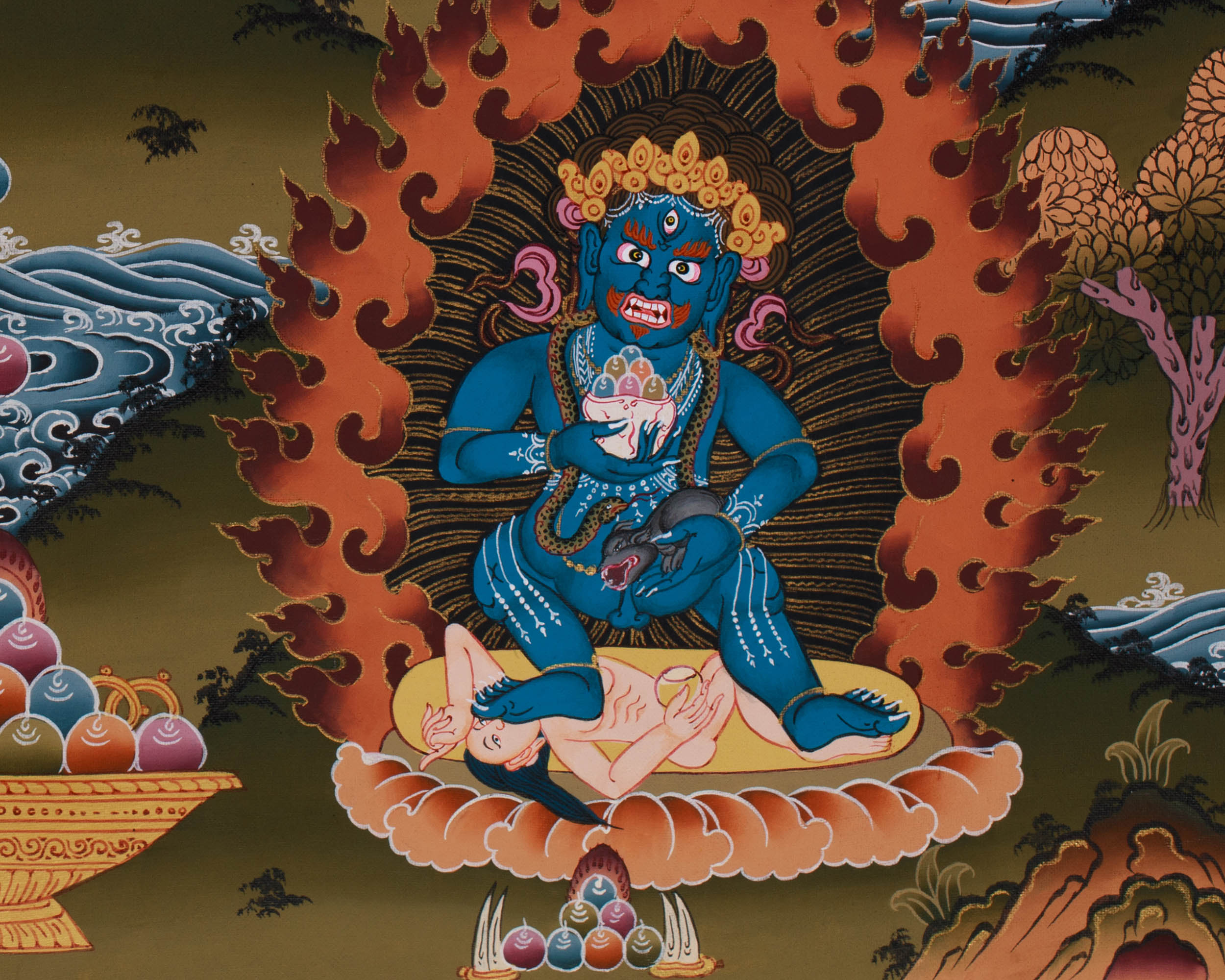 Pancha Dzambhala Thangka | Tibetan Wealth Deities Thangka with 24K Gold