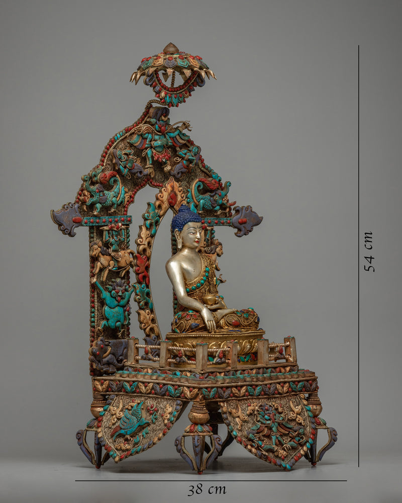 Shakyamuni Buddha on Throne Statue | Divine Representation with Copper Body and 24K Gold Plating