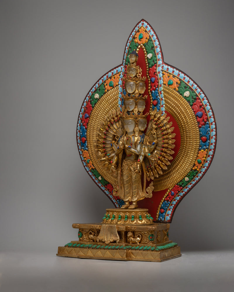 1000 Armed Crystal Avalokitesvara Statue | Magnificent Representation in Copper, Enhanced with 24K Gold Plating