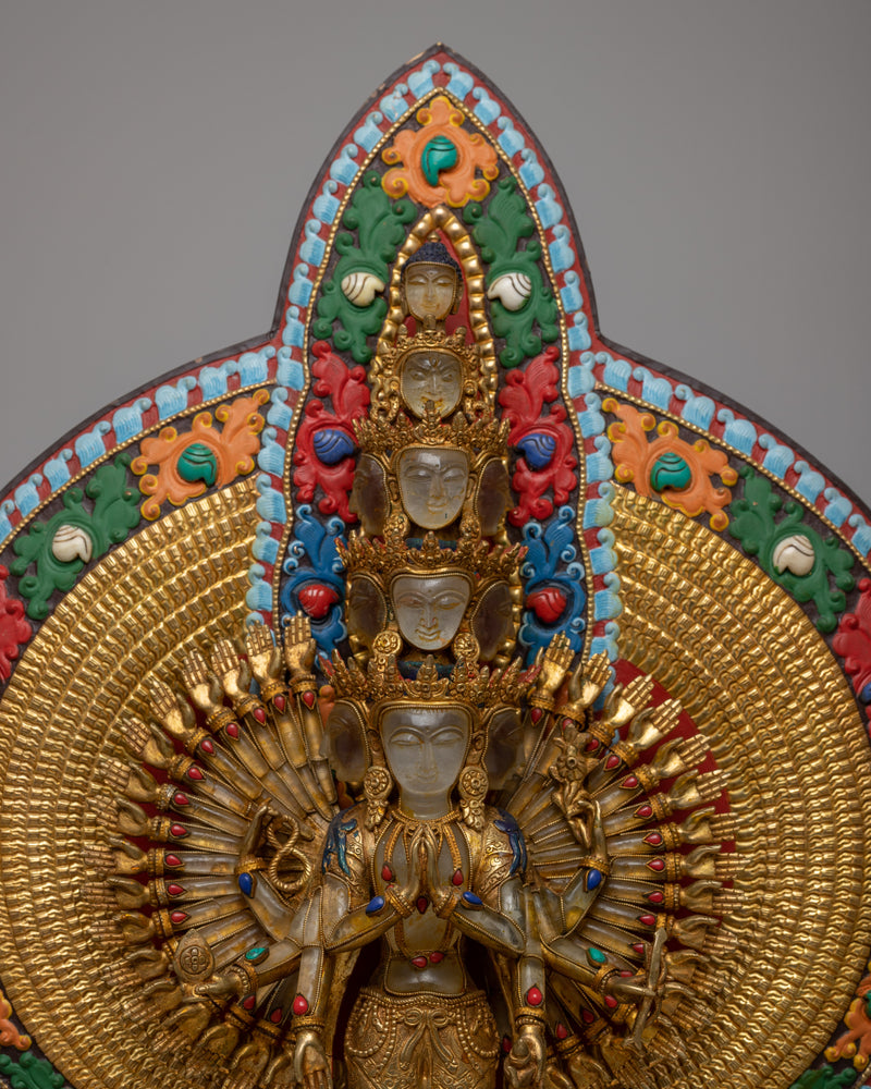 1000 Armed Crystal Avalokitesvara Statue | Magnificent Representation in Copper, Enhanced with 24K Gold Plating