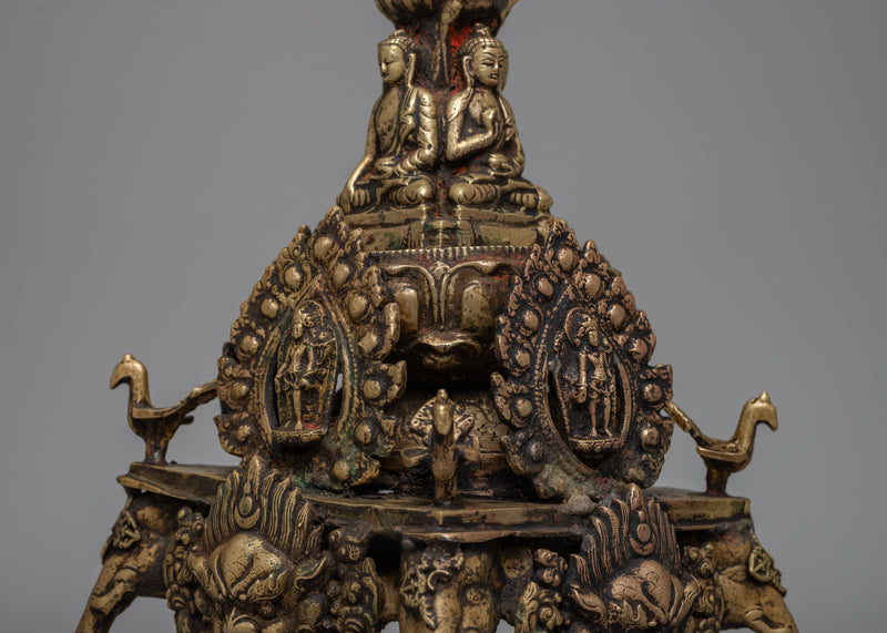 Brass Stupa with Buddha Statues | Handcrafted Buddhist Art for Peace and Meditation