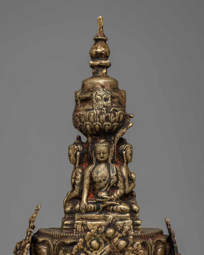 Brass Stupa with Buddha Statues | Handcrafted Buddhist Art for Peace and Meditation