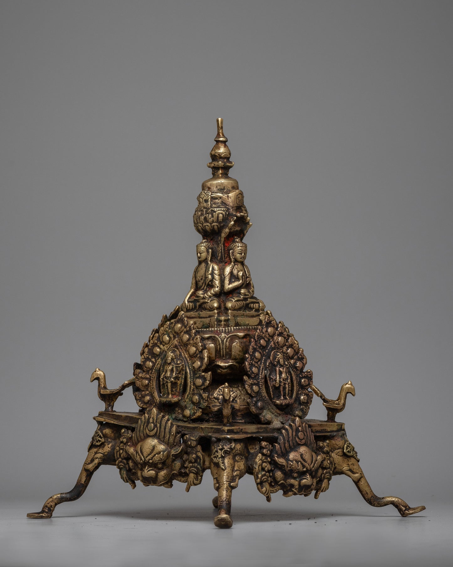 Brass Stupa with Buddha Statues | Handcrafted Buddhist Art for Peace and Meditation