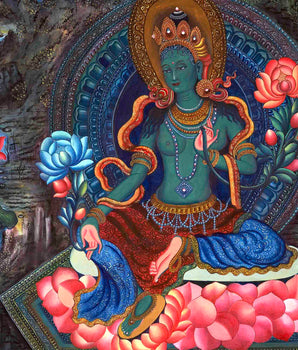 Genuine Hand-Painted Newari Style Green Tara | Contemporary (Modern) Painting