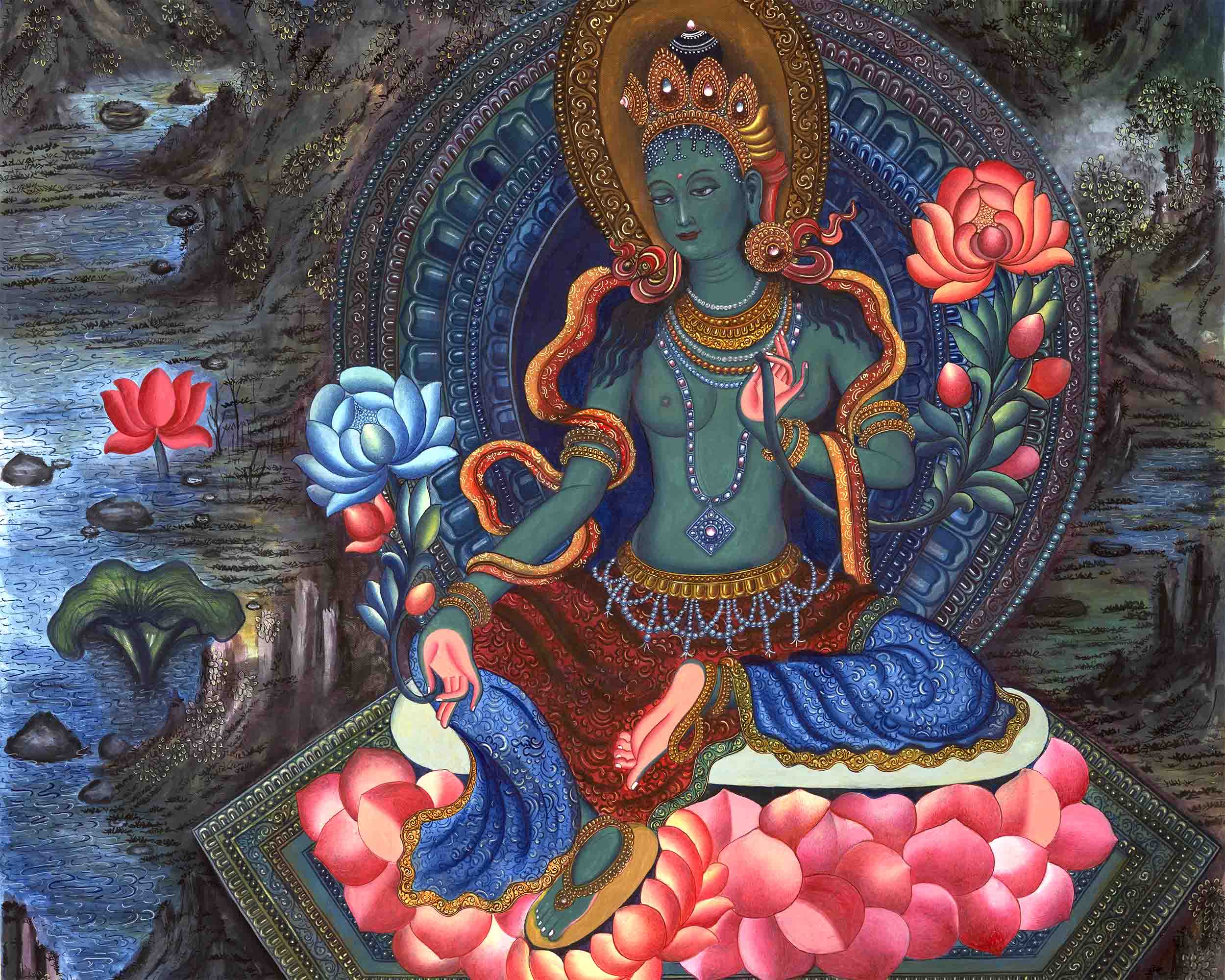 Genuine Hand-Painted Newari Style Green Tara | Contemporary (Modern) Painting