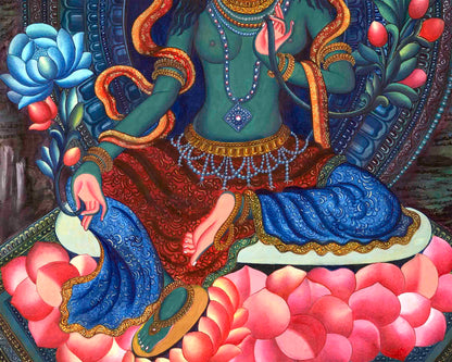 Genuine Hand-Painted Newari Style Green Tara | Contemporary (Modern) Painting