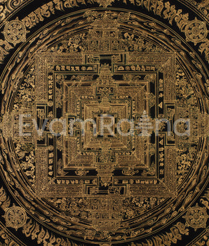 Hand-Painted Gold and Black Kalachakra Mandala | Sacred Wheel of Time Painting