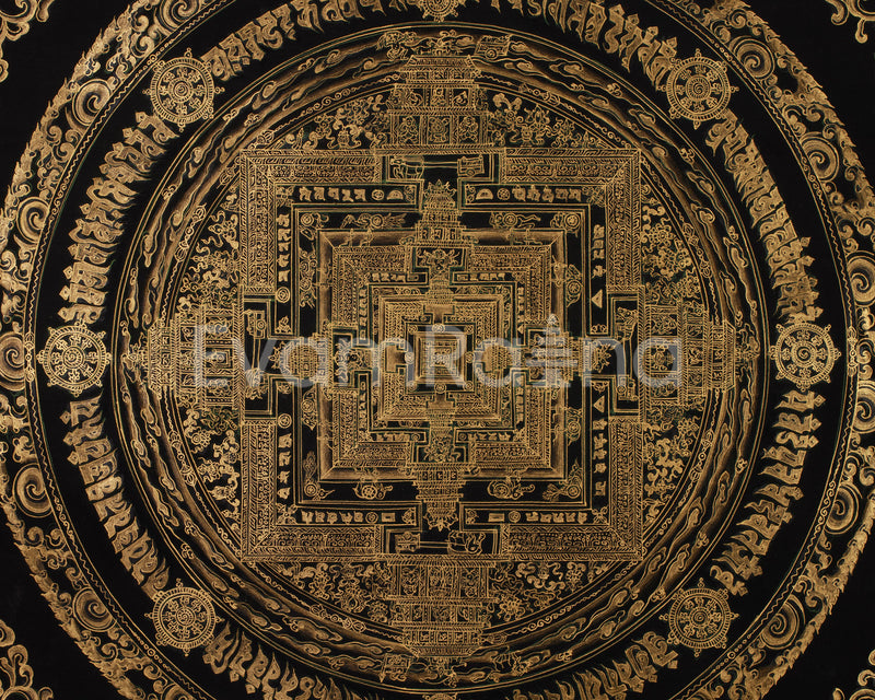 Hand-Painted Gold and Black Kalachakra Mandala | Sacred Wheel of Time Painting