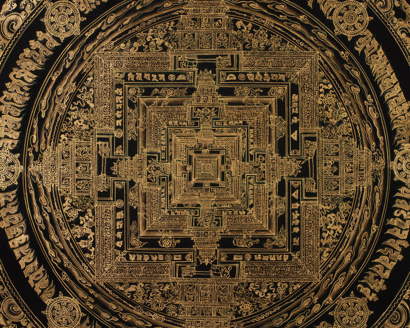 Hand-Painted Gold and Black Kalachakra Mandala | Sacred Wheel of Time Painting