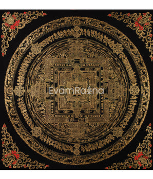 Hand-Painted Gold and Black Kalachakra Mandala | Sacred Wheel of Time Painting