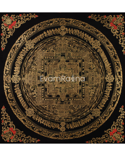 Hand-Painted Gold and Black Kalachakra Mandala | Sacred Wheel of Time Painting