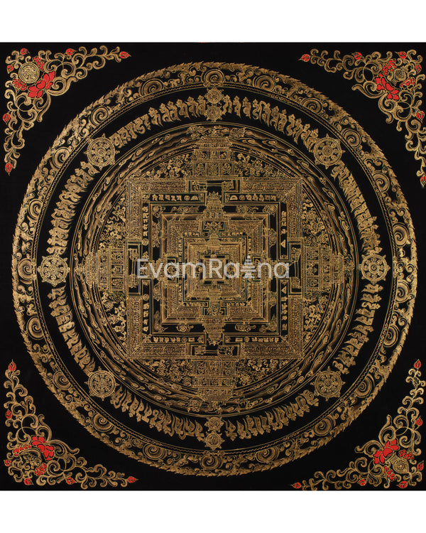 Hand-Painted Gold and Black Kalachakra Mandala | Sacred Wheel of Time Painting