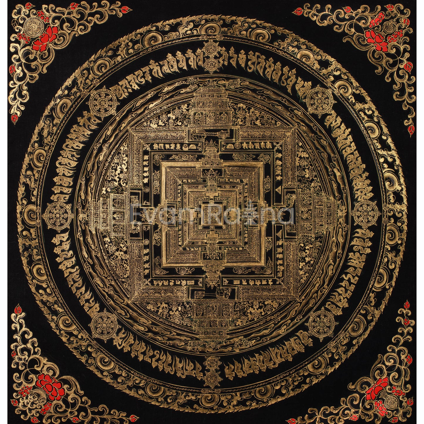 Hand-Painted Gold and Black Kalachakra Mandala | Sacred Wheel of Time Painting