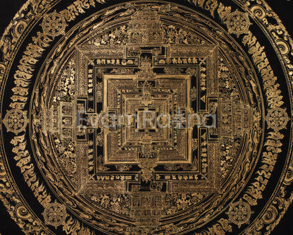 Hand-Painted Gold and Black Kalachakra Mandala | Sacred Wheel of Time Painting