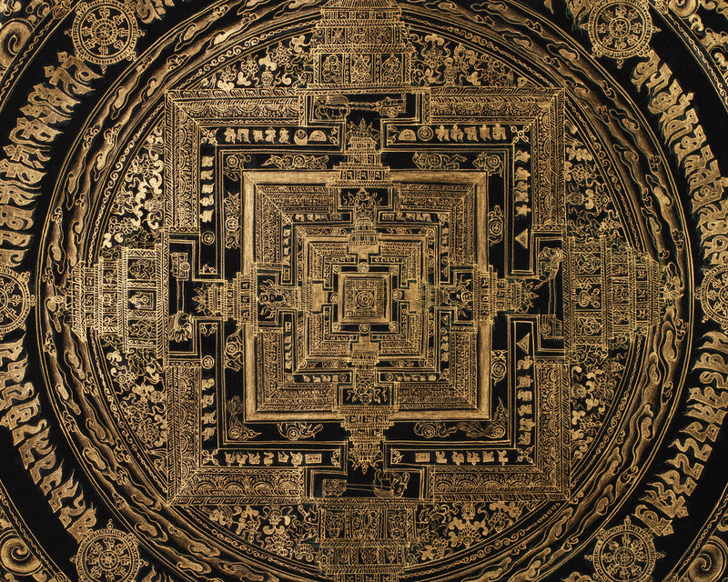 Hand-Painted Gold and Black Kalachakra Mandala | Sacred Wheel of Time Painting