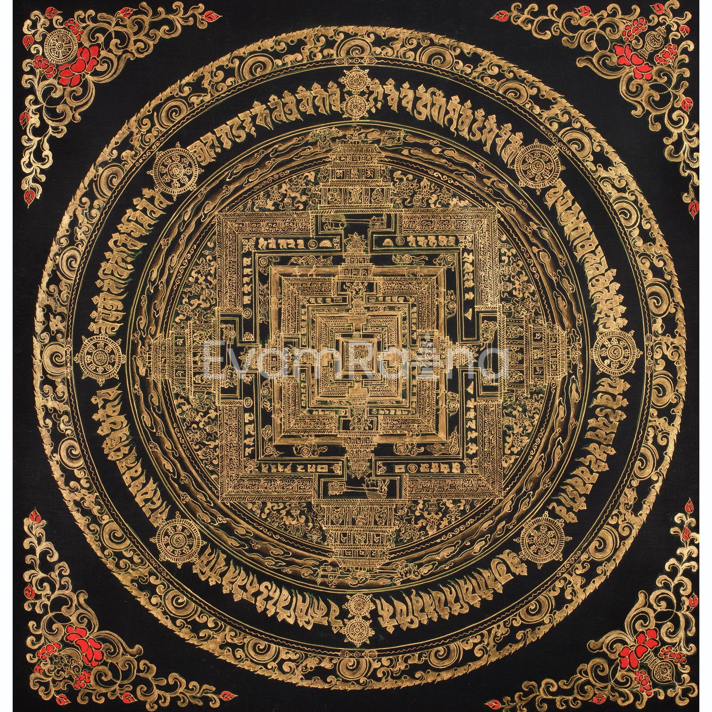 Hand-Painted Gold and Black Kalachakra Mandala | Sacred Wheel of Time Painting