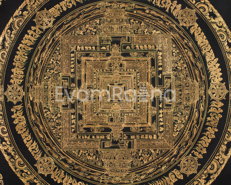 Hand-Painted Gold and Black Kalachakra Mandala | Sacred Wheel of Time Painting