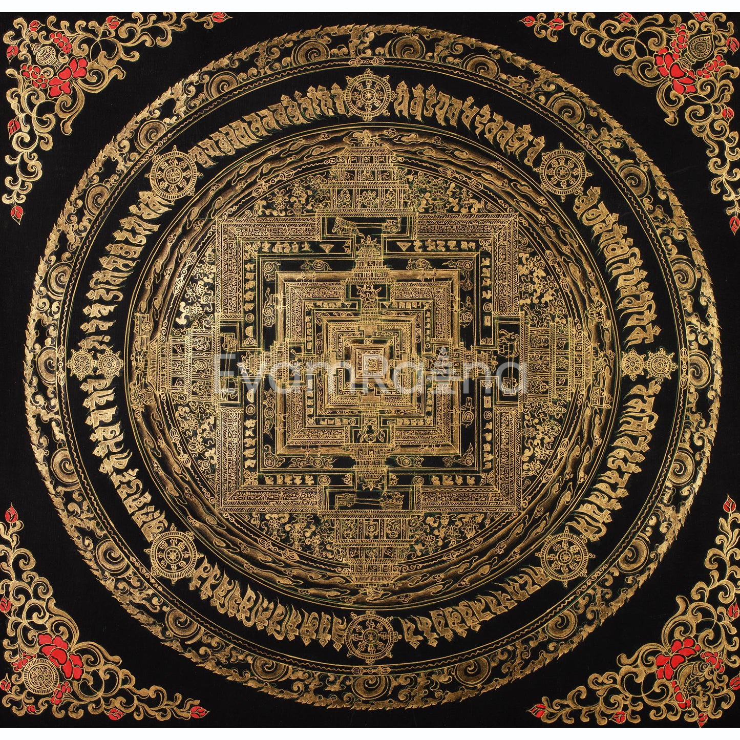 Hand-Painted Gold and Black Kalachakra Mandala | Sacred Wheel of Time Painting