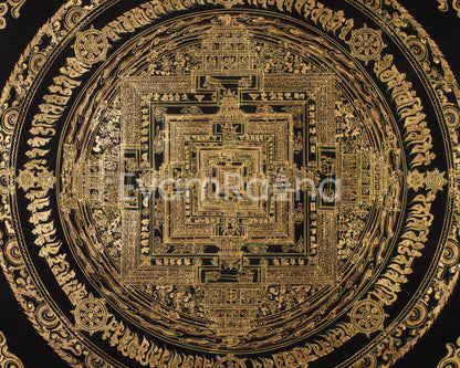 Hand-Painted Gold and Black Kalachakra Mandala | Sacred Wheel of Time Painting