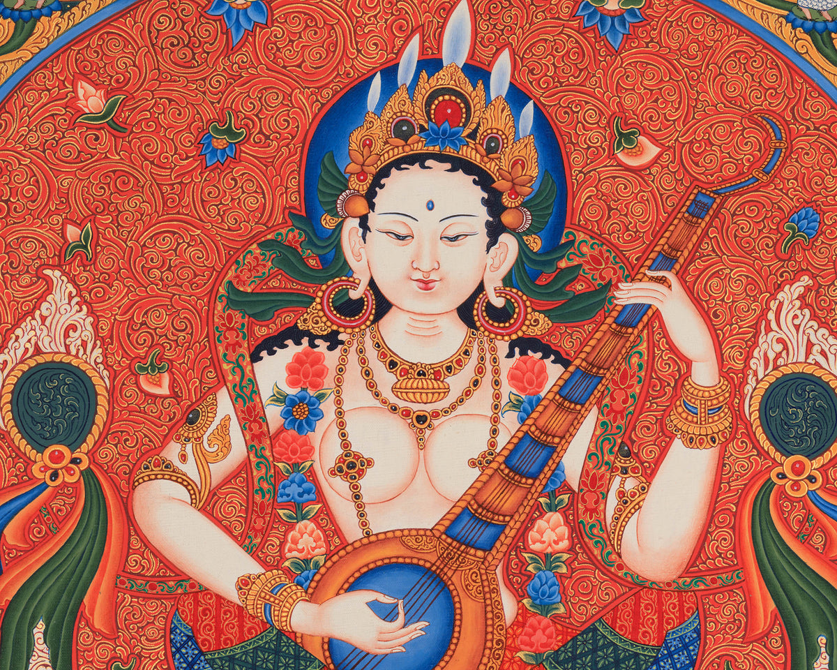 Maa Saraswati Thangka | Digital Canvas Print of Paubha Painting