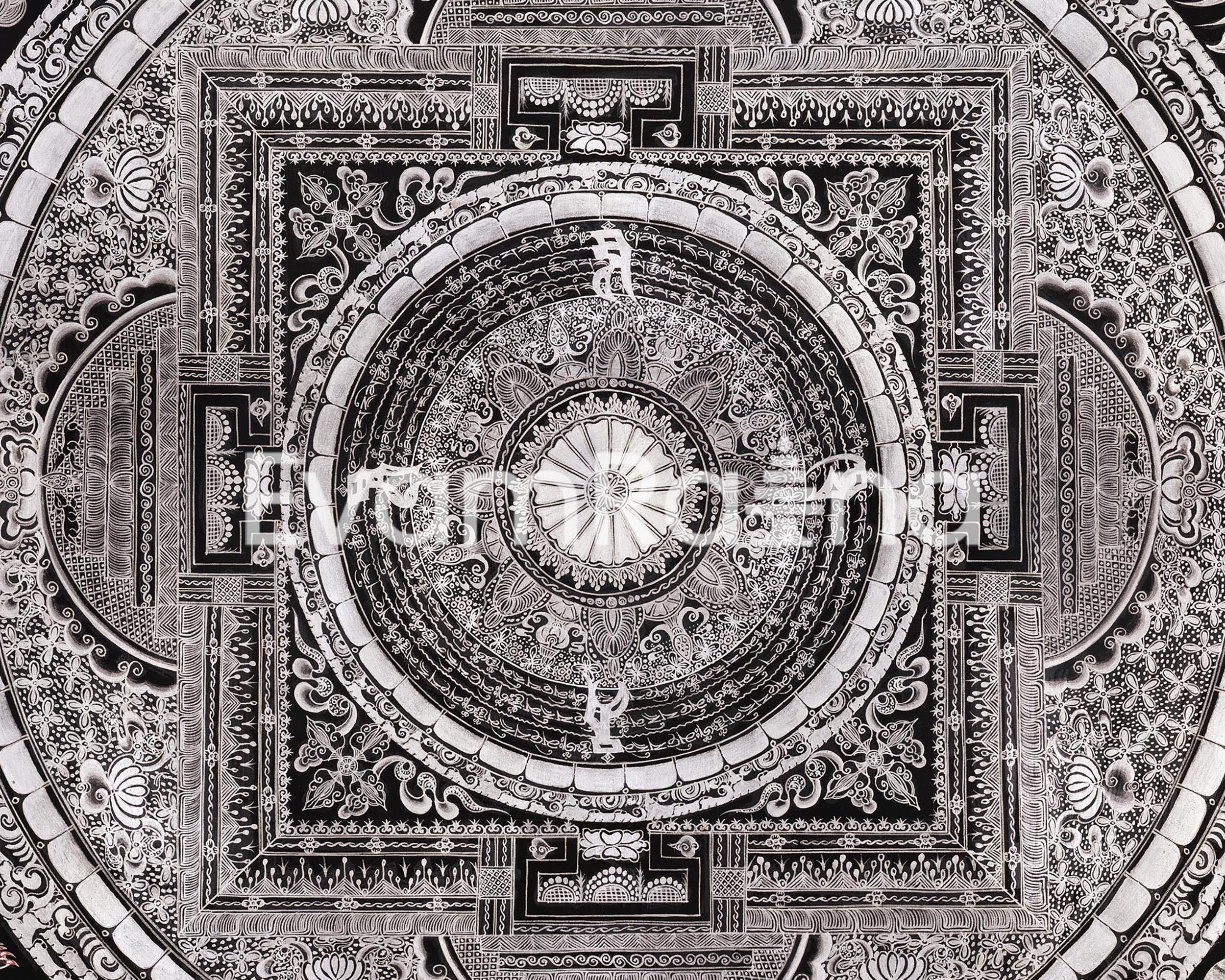 Giclée Mantra Mandala Print | Mythical Creatures, Concentric Circles, and Protective Mantras
