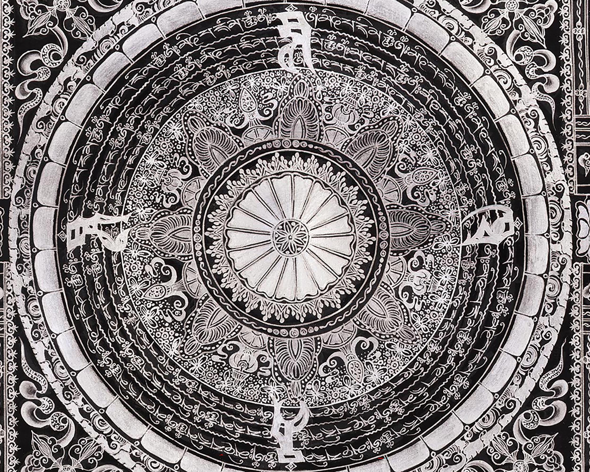 Giclée Mantra Mandala Print | Mythical Creatures, Concentric Circles, and Protective Mantras
