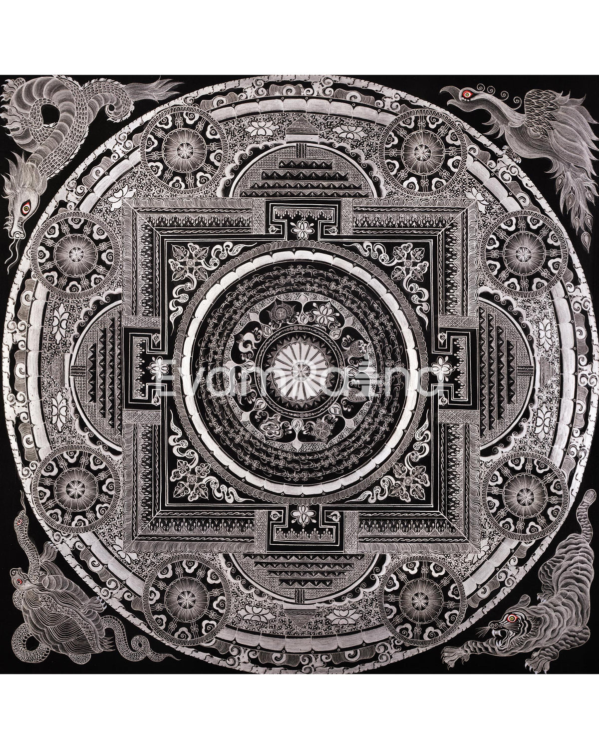Eight Auspicious Symbol Mantra Mandala | Giclée Cavans Print | Monochromatic Artwork
