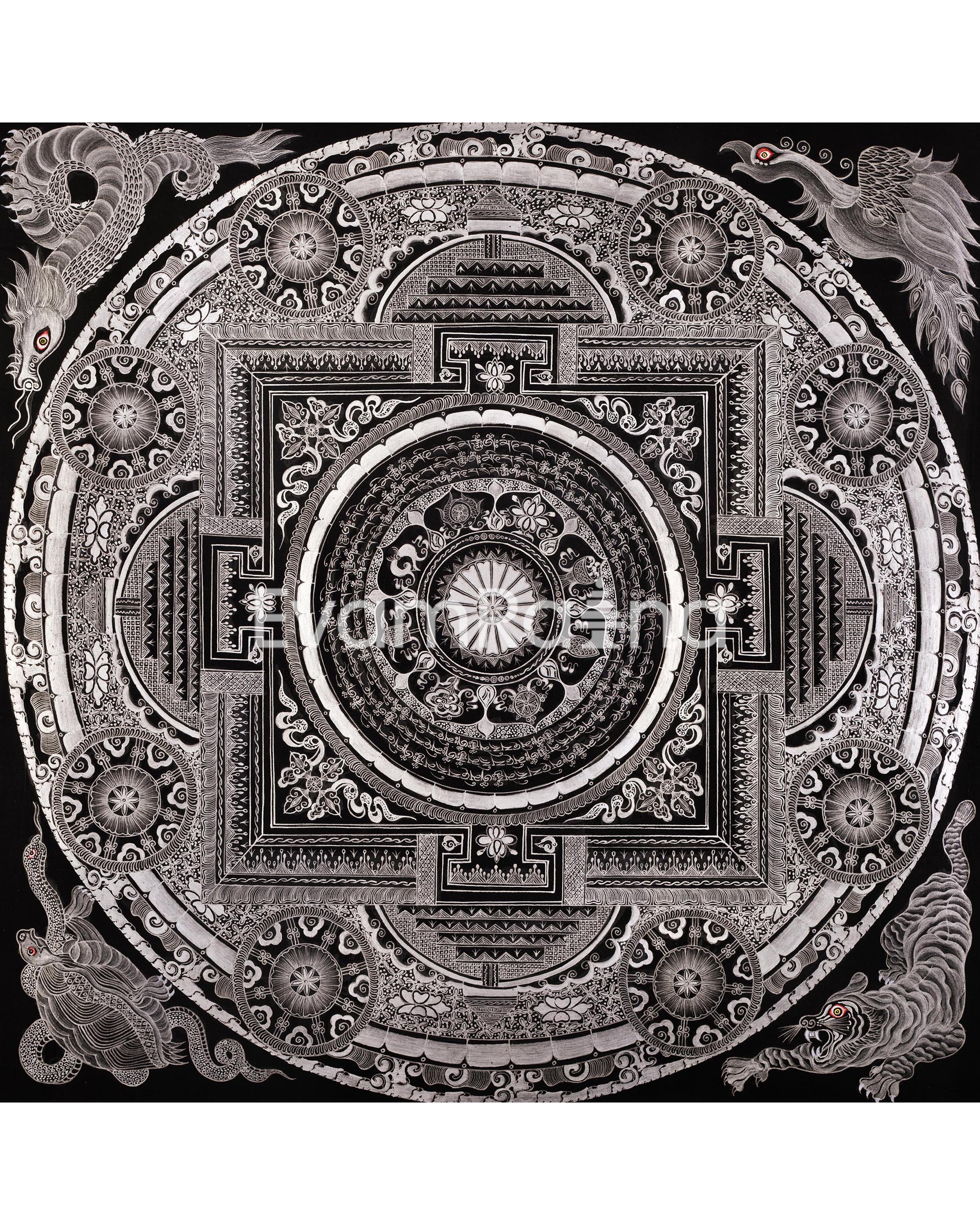 Eight Auspicious Symbol Mantra Mandala | Giclée Cavans Print | Monochromatic Artwork