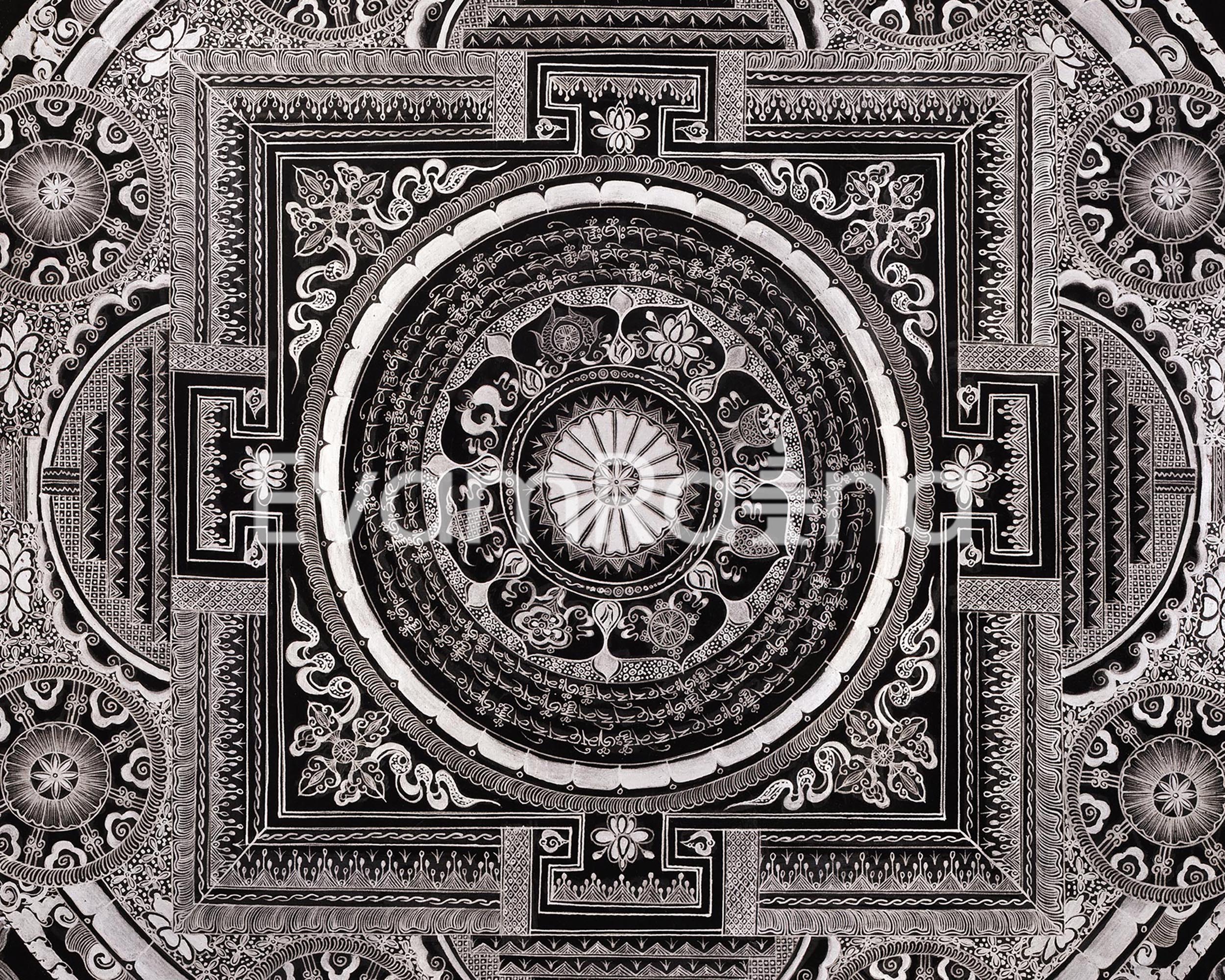 Eight Auspicious Symbol Mantra Mandala | Giclée Cavans Print | Monochromatic Artwork