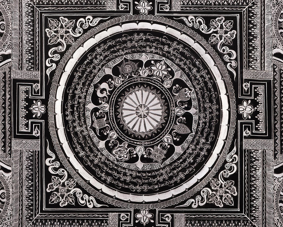 Eight Auspicious Symbol Mantra Mandala | Giclée Cavans Print | Monochromatic Artwork