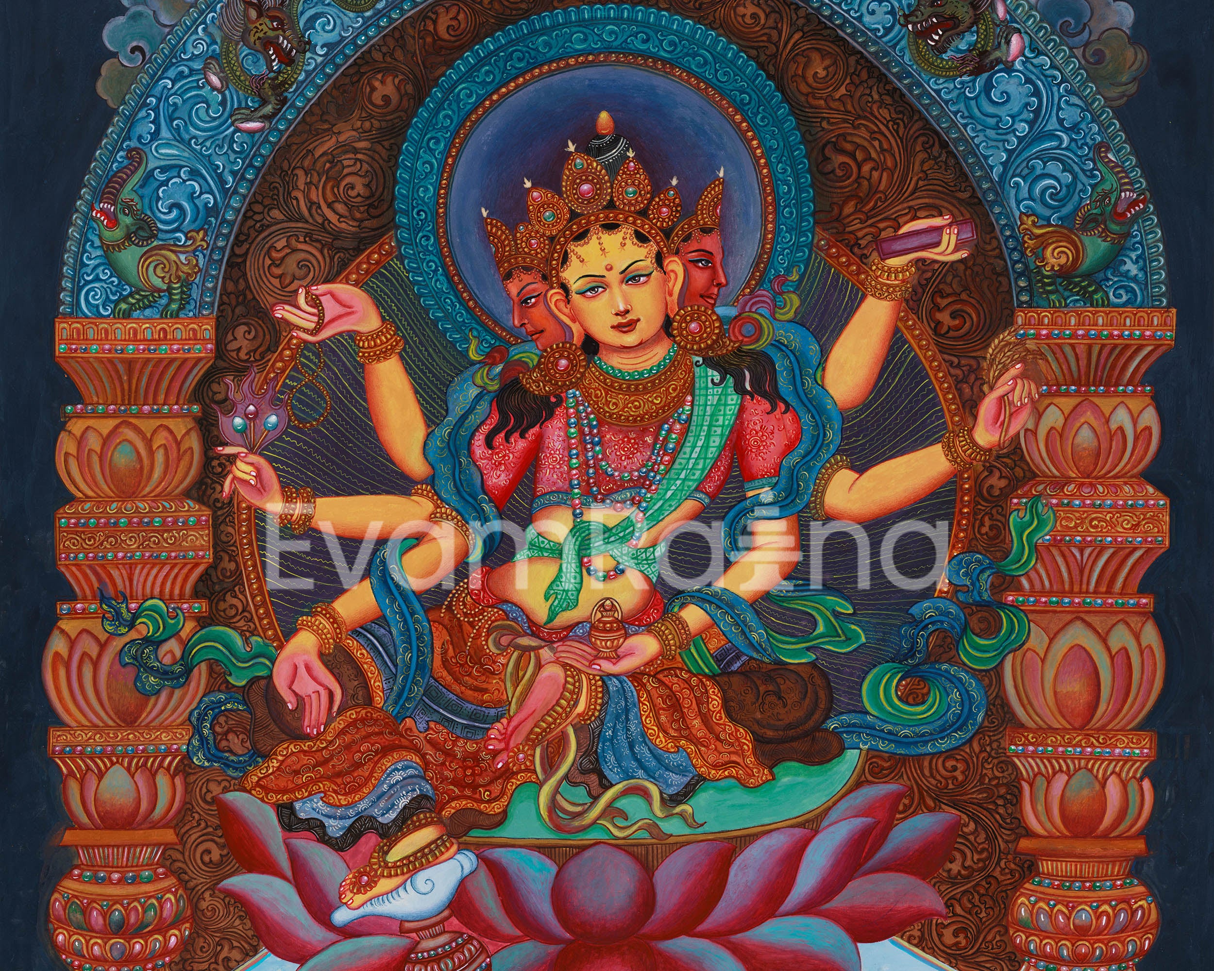 Original 6-Arms Vasudhara Thangka | Hand-Painted Newari Artistry