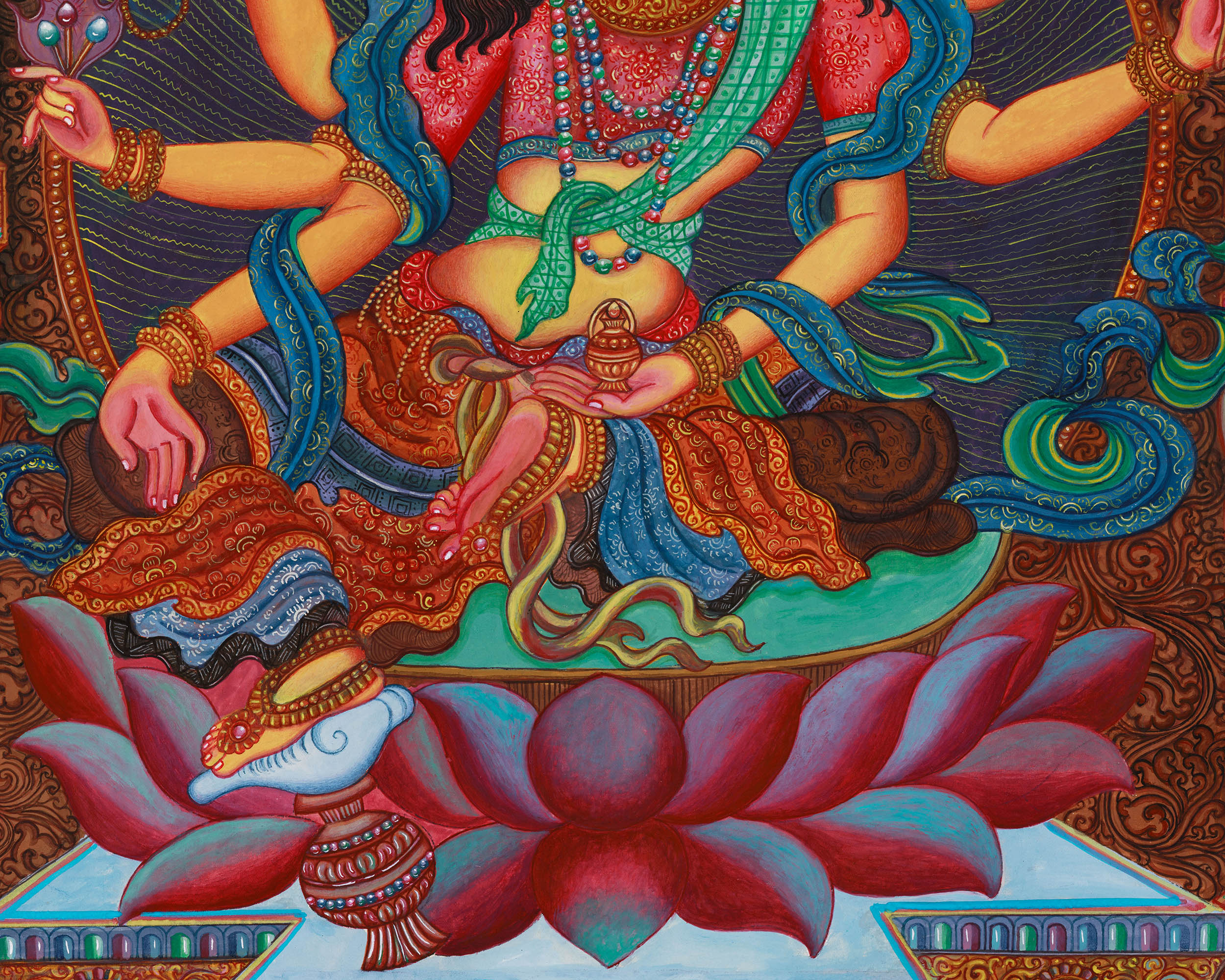 Original 6-Arms Vasudhara Thangka | Hand-Painted Newari Artistry