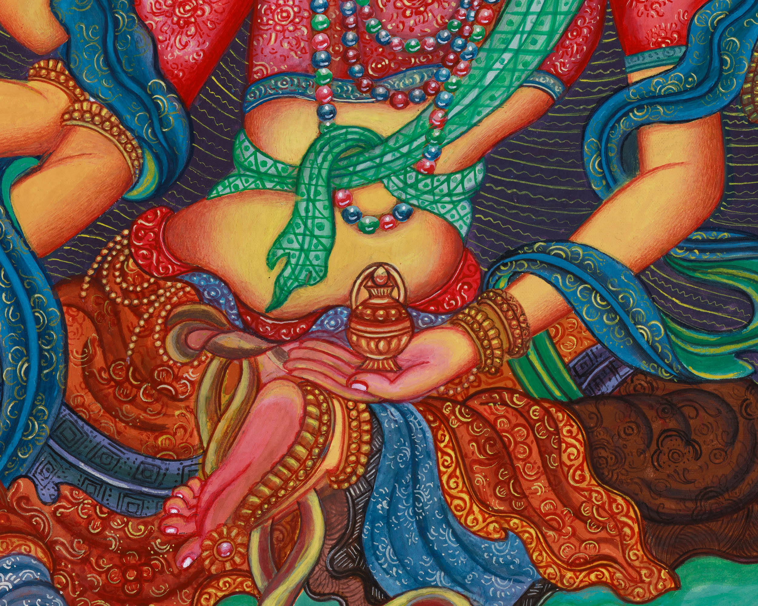 Original 6-Arms Vasudhara Thangka | Hand-Painted Newari Artistry