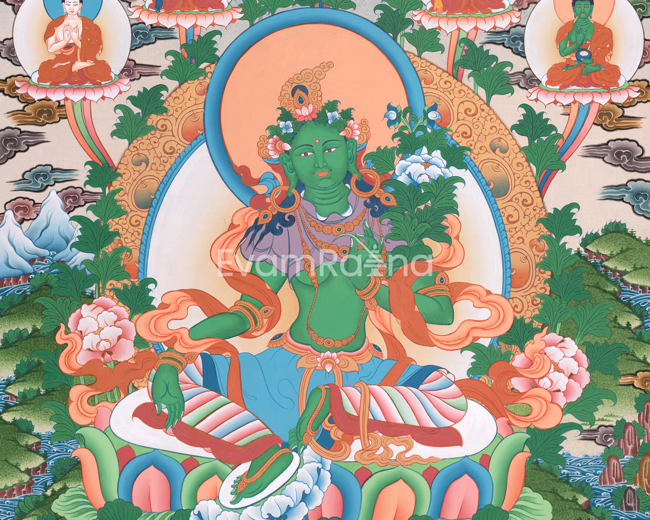 Green Tara Thangka with Other Deities | Wall Art for Tranquility