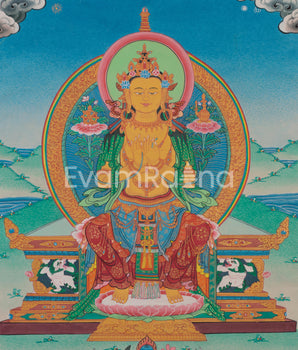 Future Buddha Maitreya Thangka | Sacred Art with Blue and Red Silk Brocade
