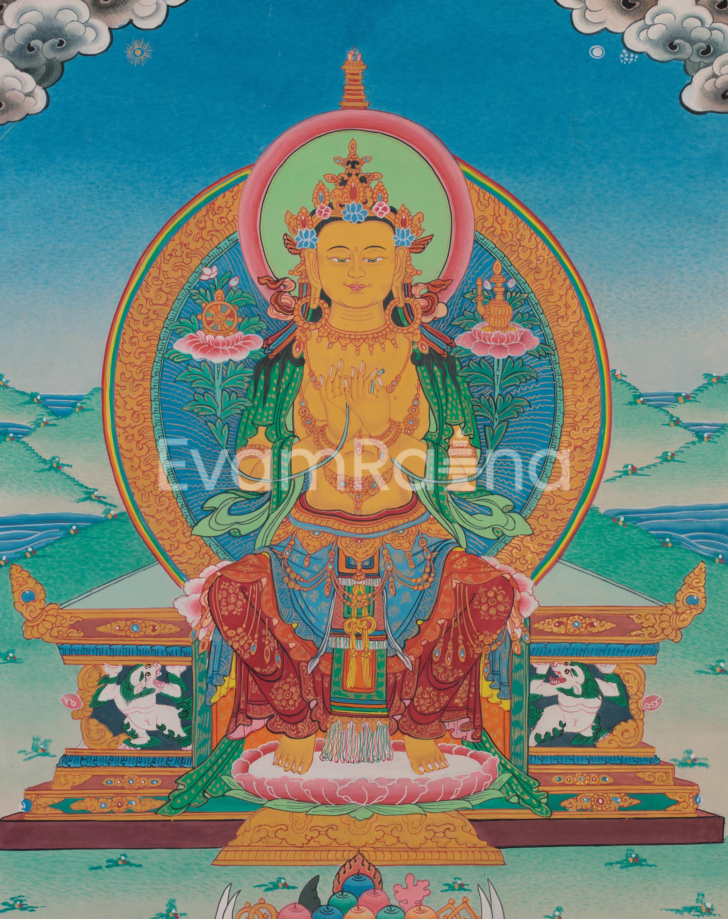 Future Buddha Maitreya Thangka | Sacred Art with Blue and Red Silk Brocade