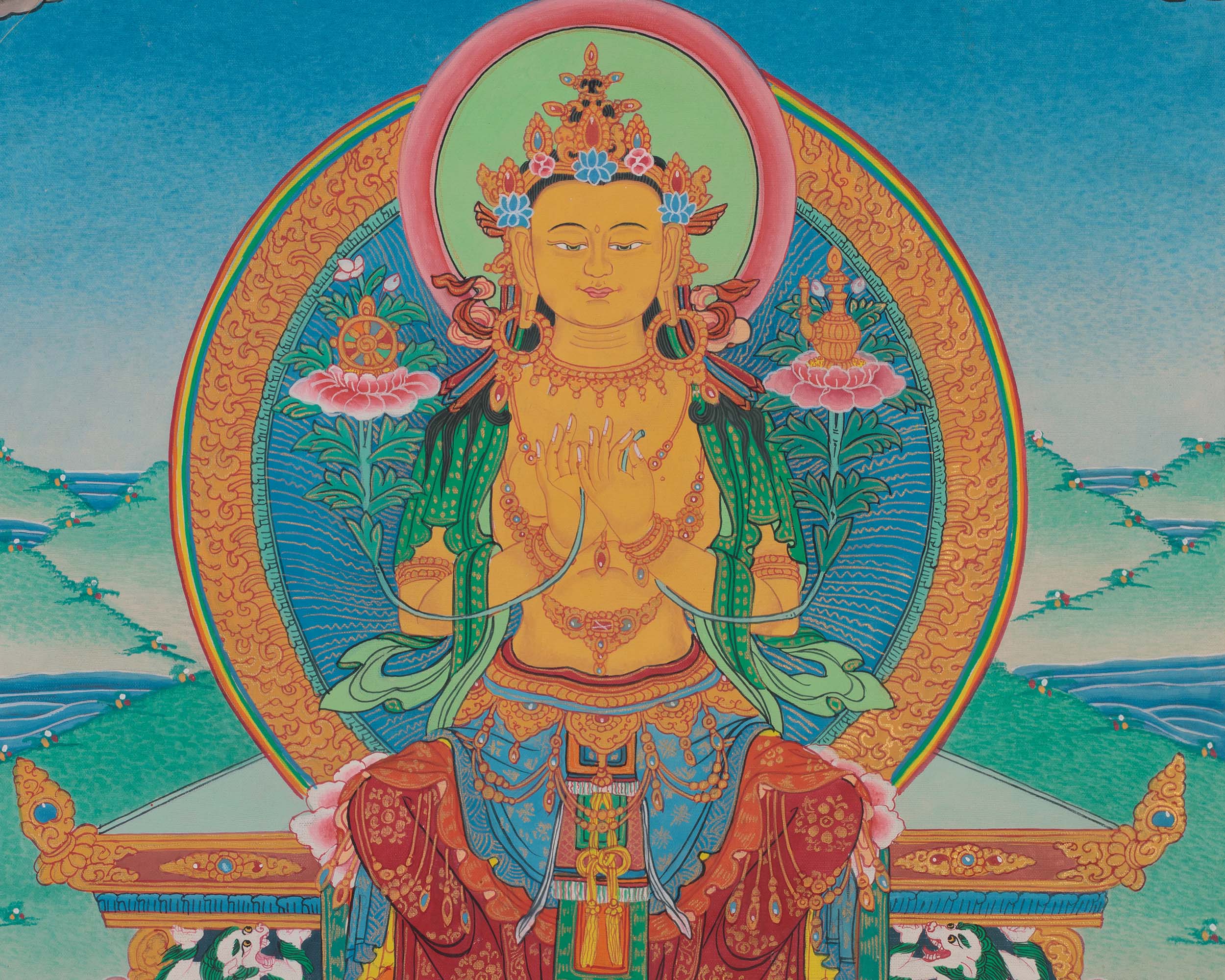 Future Buddha Maitreya Thangka | Sacred Art with Blue and Red Silk Brocade